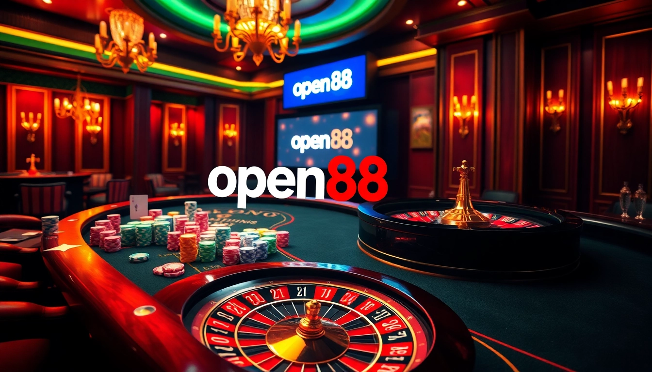 Experience the excitement of open88 with a vibrant casino scene featuring roulette and poker elements.