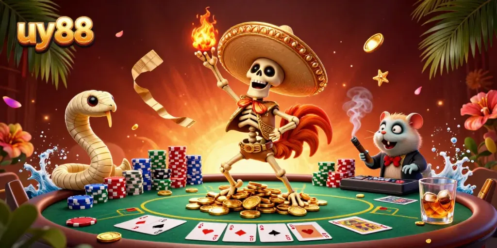 Experience the thrill of uy88 gaming with a vibrant 3D illustration of cheerful characters and poker elements.