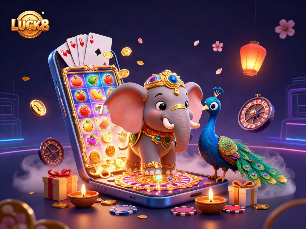 LUCK8 chơi game bằng hình ảnh cá cược sôi nổi với voi Diwali và chim công đầy màu sắc