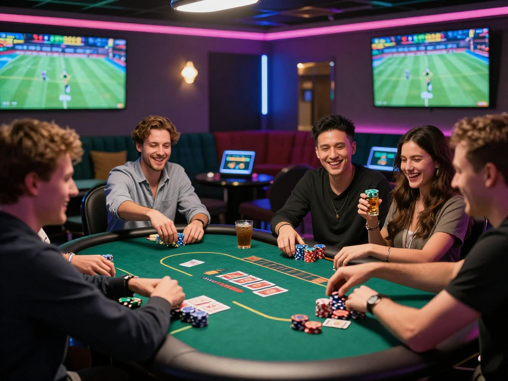 Exciting KOMBET168 gaming lounge scene with friends celebrating at a poker table and vibrant atmosphere.