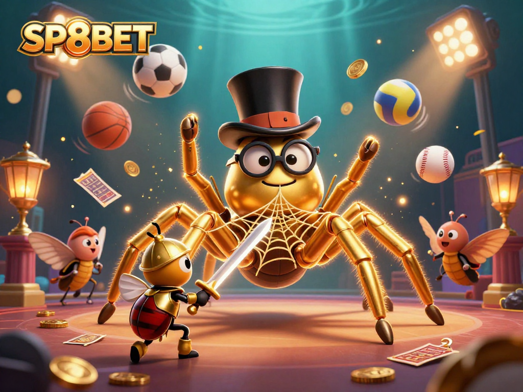 SP8BET engages players with a vibrant scene of a golden tarantula weaving excitement in a casino.