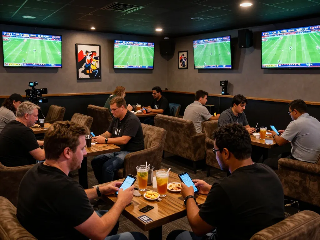 7mcn sports enthusiasts placing bets in an upscale betting lounge while enjoying live football games