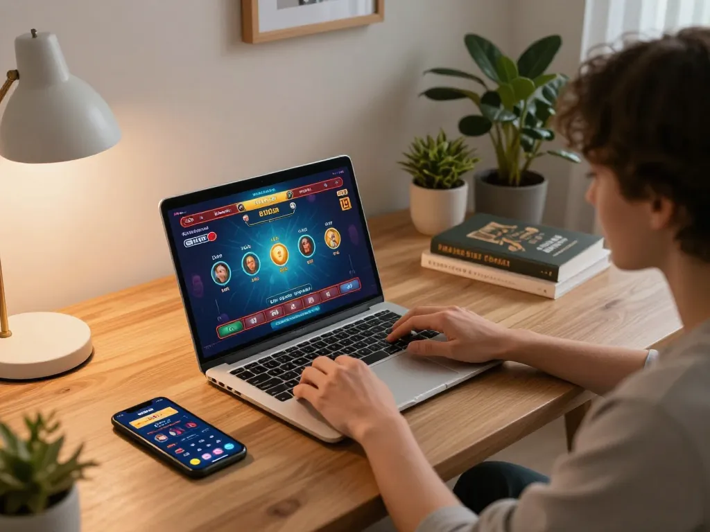 Engaging in online casino gameplay at home with fabet through laptop and smartphone in a cozy setup