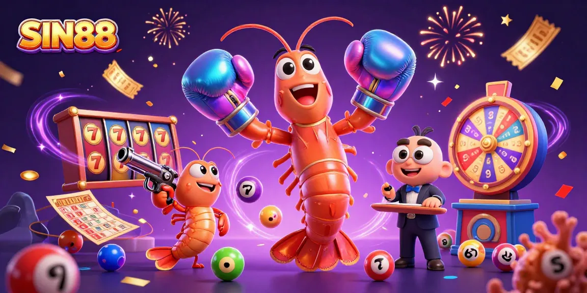 SIN88 showcases an exciting scene with cartoon characters engaged in joyous casino activities, celebrating wins and gaming excitement.