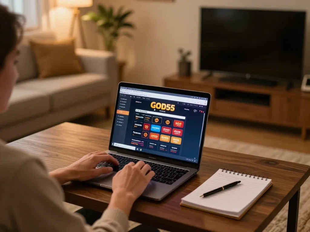 Engaged player enjoying God55's online casino from a cozy home setup.