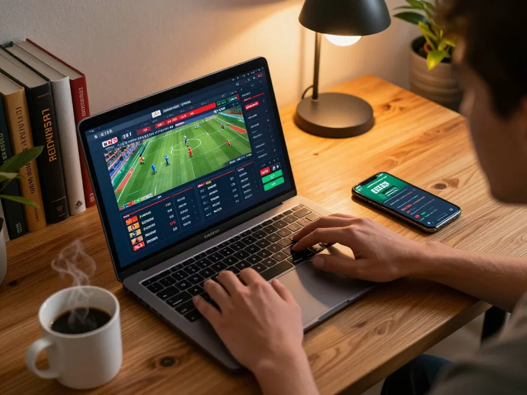 Place bets using the EK333 app on a laptop amidst a cozy gaming setup, capturing the excitement of online sports betting.