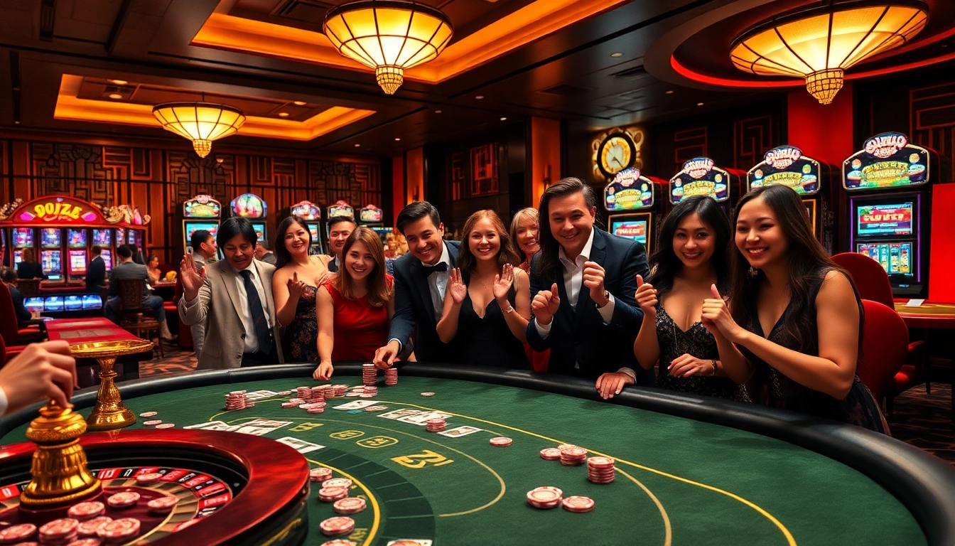 Exciting scene at SODO CASINO with gamblers enjoying poker and roulette games.