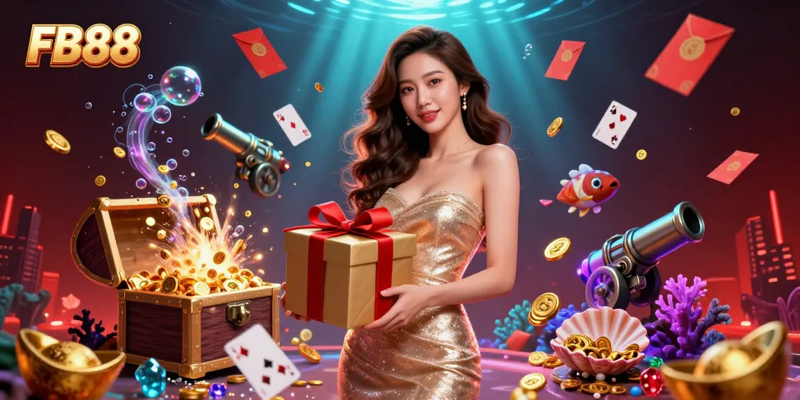 Experience vibrant casino excitement with FB88's festive Lunar New Year theme featuring a stunning woman, golden coins, and dynamic game elements.