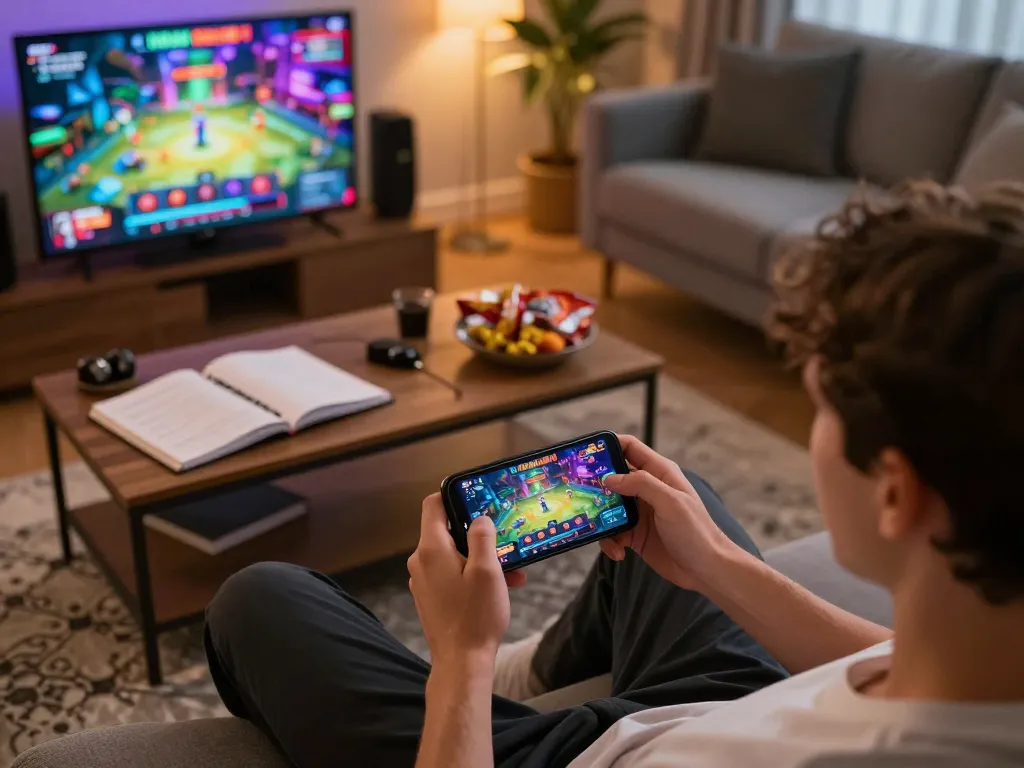 Player enjoying nohu90 on smartphone in cozy home setting with gaming strategy notes visible