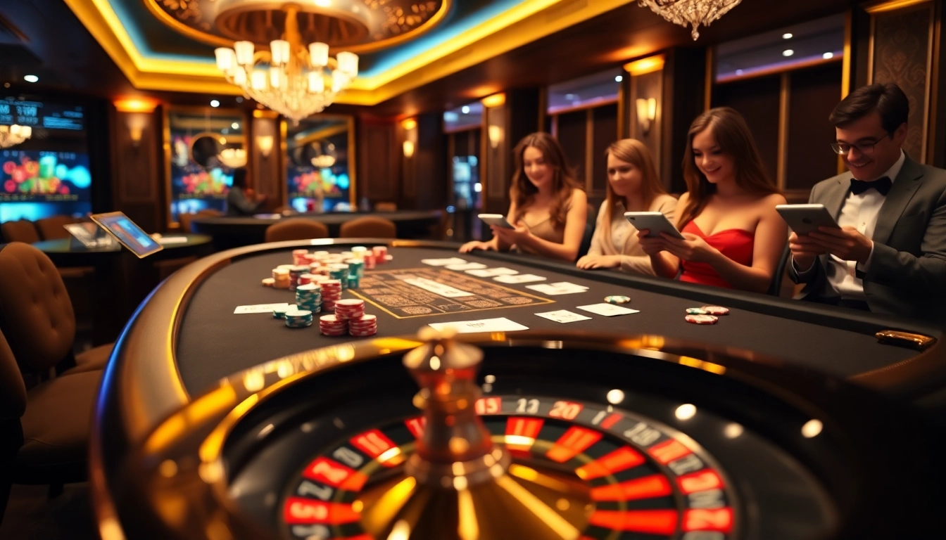 Experience a thrilling game at OKFUN casino, featuring vibrant poker, roulette, and player excitement.
