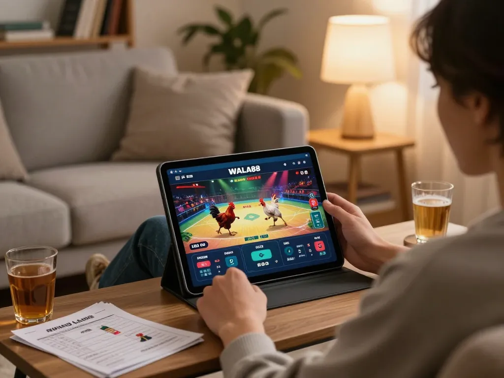 Engaging with WALA88 online chicken fighting live betting on a tablet in a cozy home setup.
