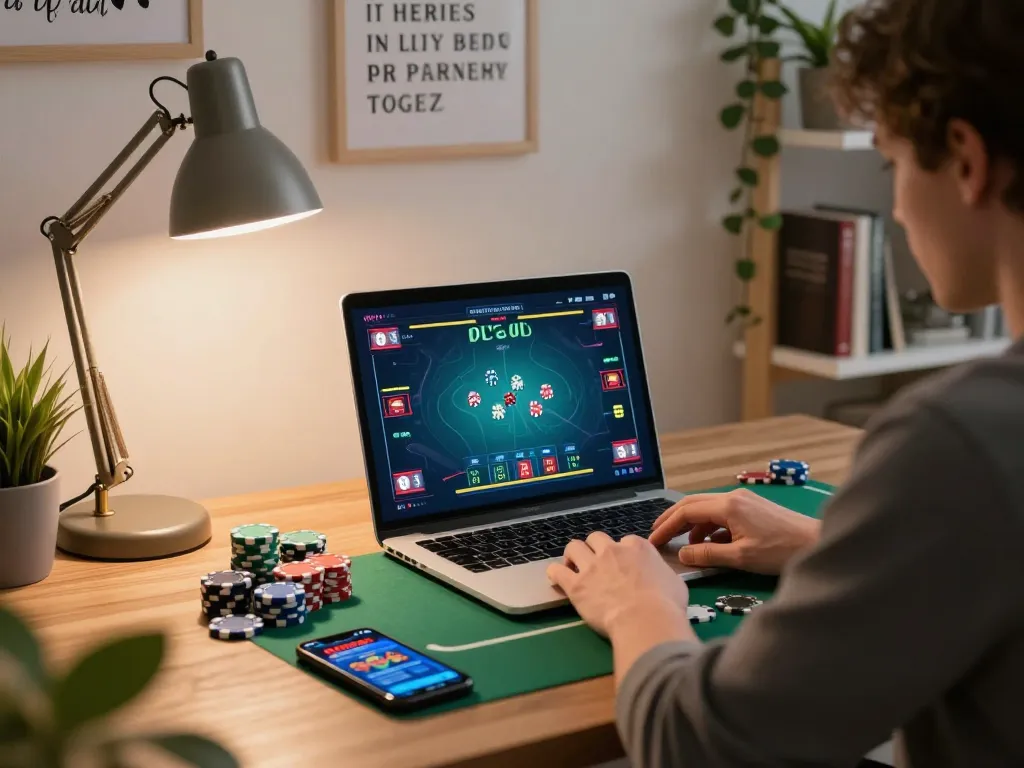Engaging gameplay with RED88 on a laptop, showcasing an immersive online poker experience in a cozy home office.