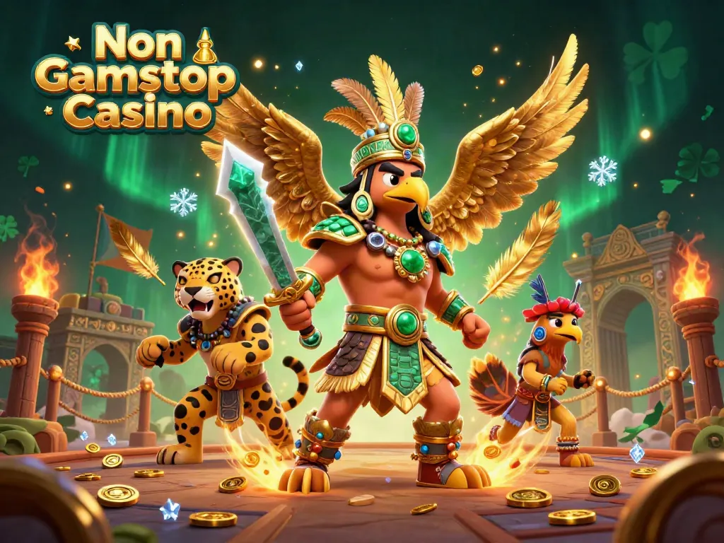 Engage in thrilling play at Non Gamstop Casino with an epic battle scene featuring Aztec warriors, coins, and gold elements.