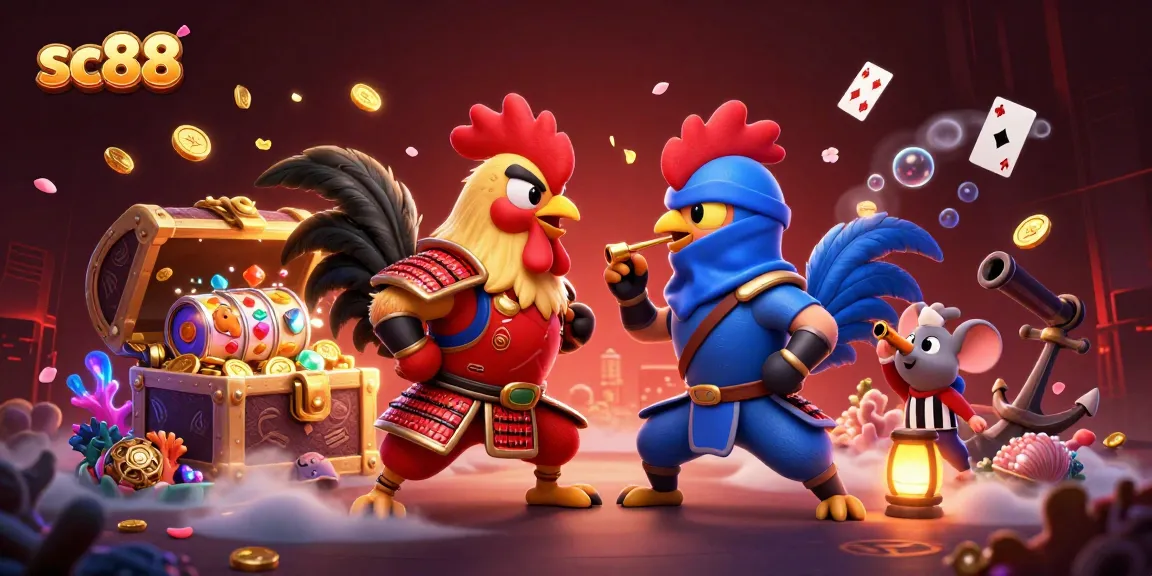 Engaging sc88 casino gaming scene with fighting roosters, slot reels, and vibrant treasures.