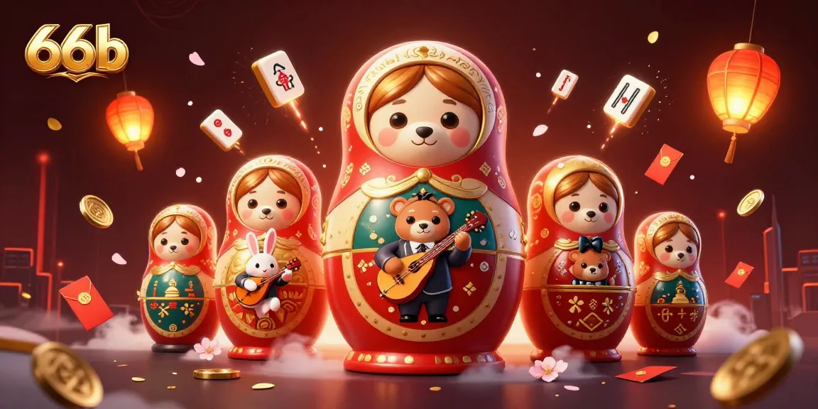 Engage with 66b's vibrant casino scene featuring Matryoshka bears and festive elements.