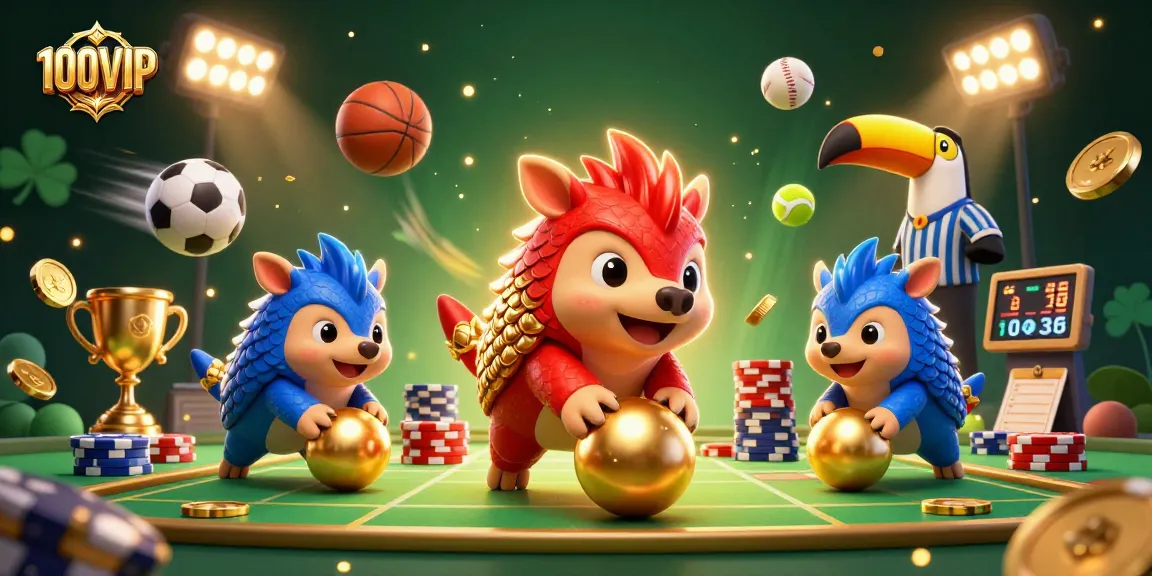 100VIP pong-inspired casino scene with rival pangolins bowling through poker chips.