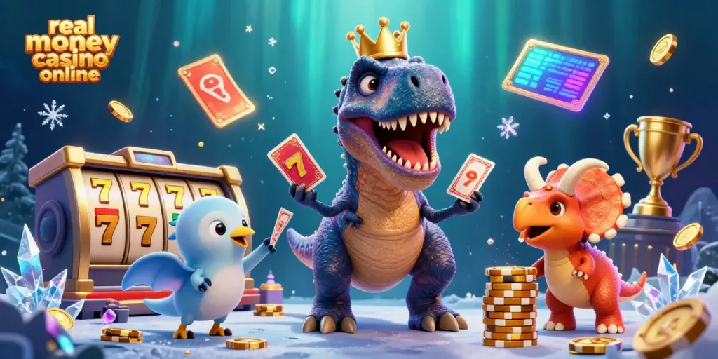 Engage with real money casino online featuring cartoon dinosaurs playing cards and stacking chips.