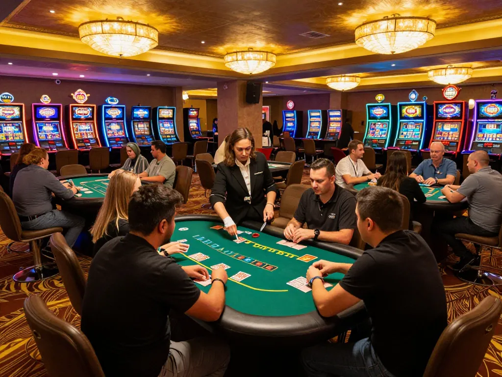 Players engaging in blackjack action at an upscale casino, showcasing 123B gaming excitement and strategy.
