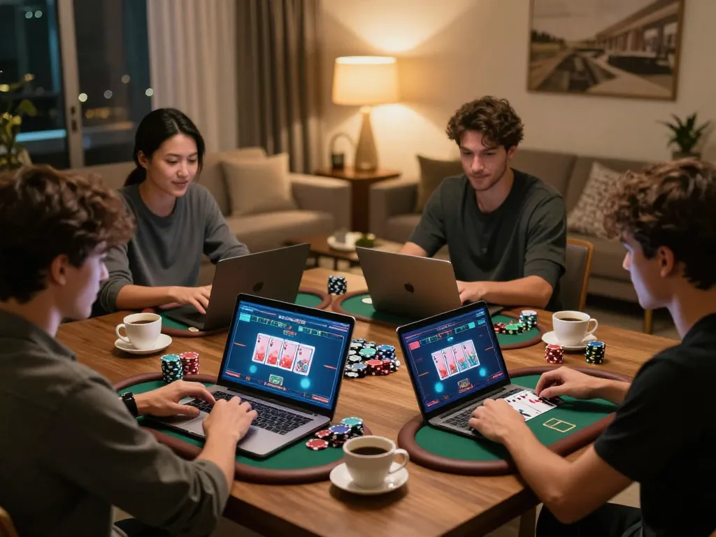 Engaging online gaming scene at https://kjc365.com/ showcasing players involved in poker gameplay at home, warm atmosphere, strategic moments captured.