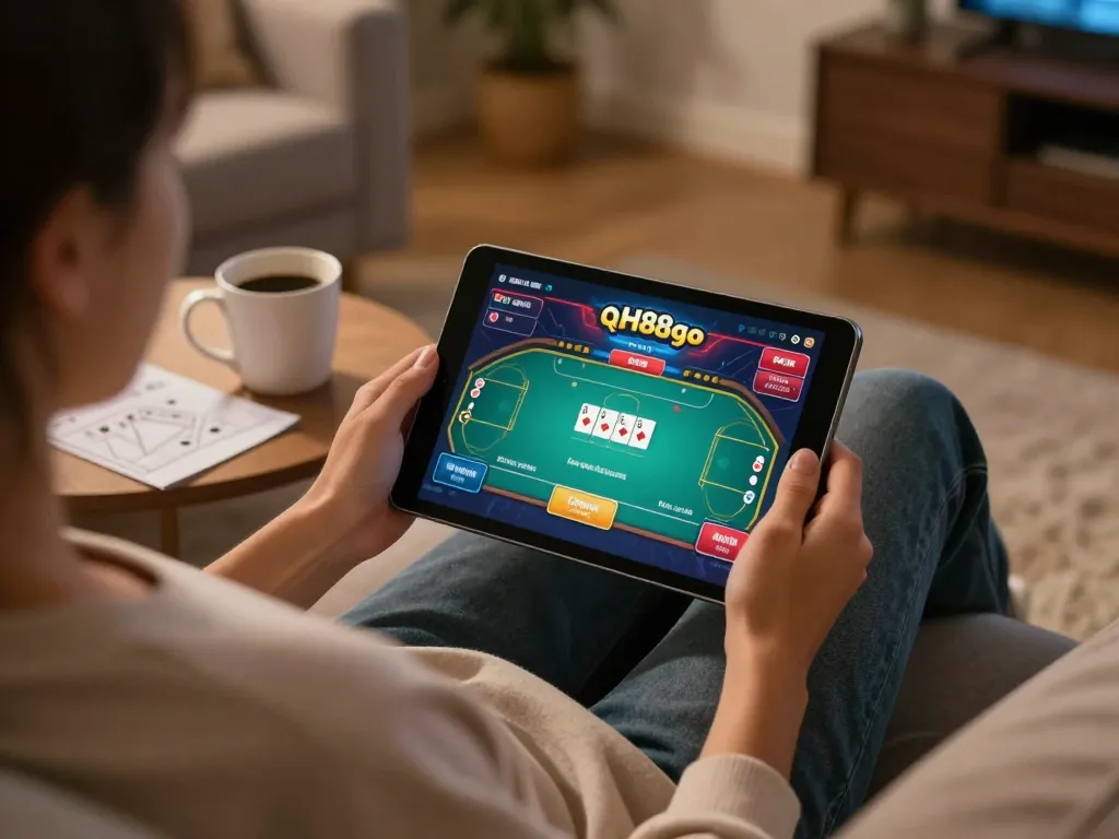 Engaging online poker session on QH88go tablet with a cozy atmosphere and strategy notes visible.