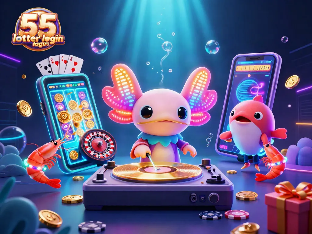 Engage with the vibrant world of 55 lottery login featuring a neon axolotl DJ and dynamic gaming elements.