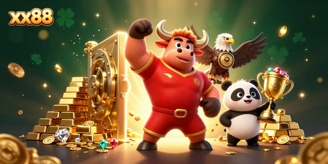 Betting big with xx88, featuring a muscular bull mascot and fantasy elements in a vibrant casino scene.