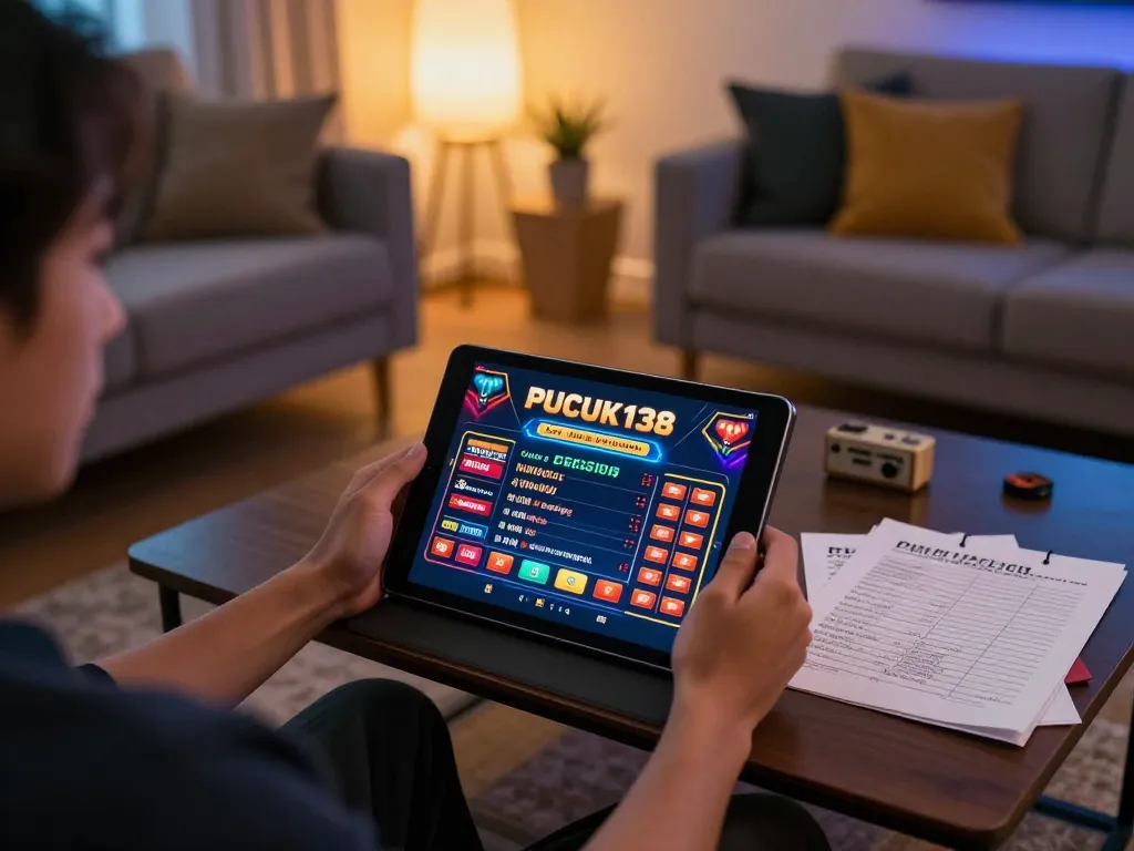 Person focused on the PUCUK138 casino interface during online gaming in a cozy home setting.