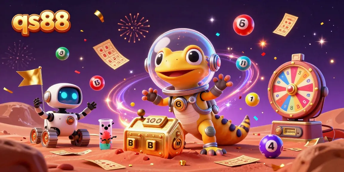 Experience gaming thrills at qs88, with a Martian gecko finding a buried casino amidst colorful lottery balls.