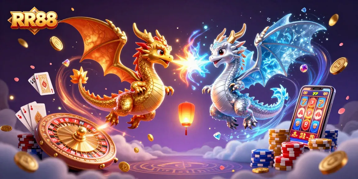 Experience the thrill at RR88 as golden and silver dragons battle in a dynamic casino scene.