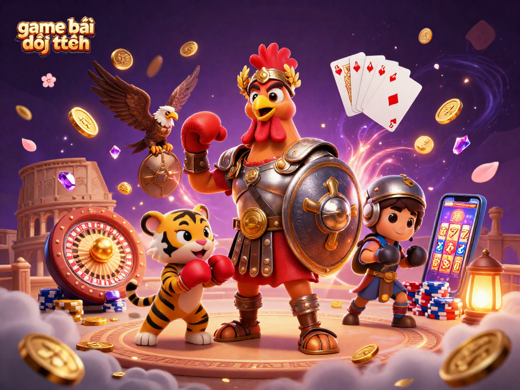 Experience game bài đổi thưởng in an exciting, vibrant 3D gladiator scene filled with casino elements.