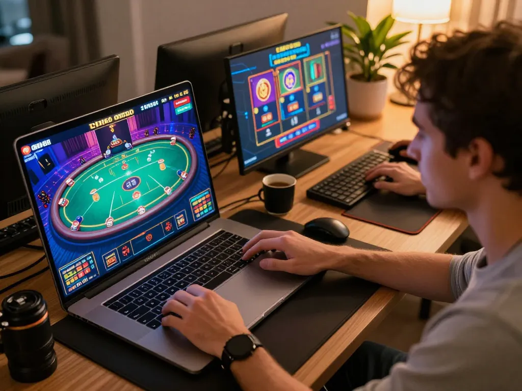 Player engaging in online gaming at OPEN88 with multiple screens showing vibrant games and poker tables.