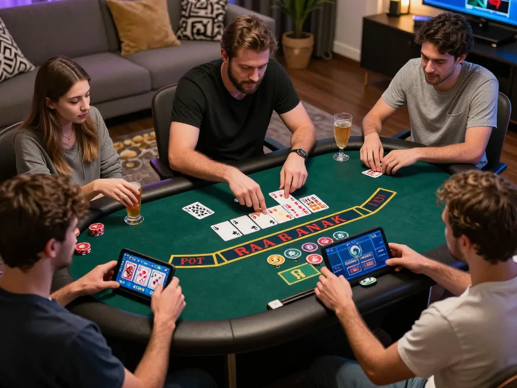 Players enjoying 33win's Baccarat game on their devices in a cozy home setting, showcasing online gaming excitement.