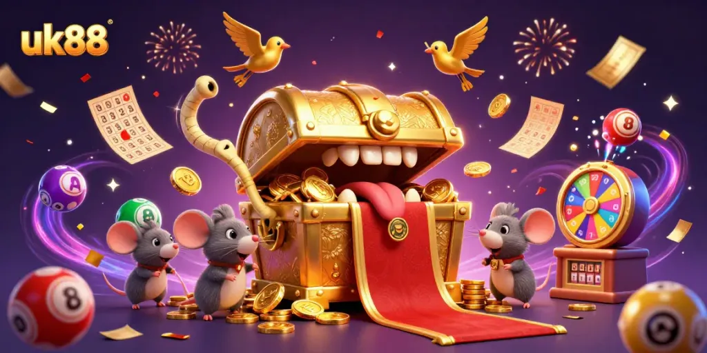 Experience the excitement of uk88 with vibrant lottery balls and a treasure chest temptingly inviting players.