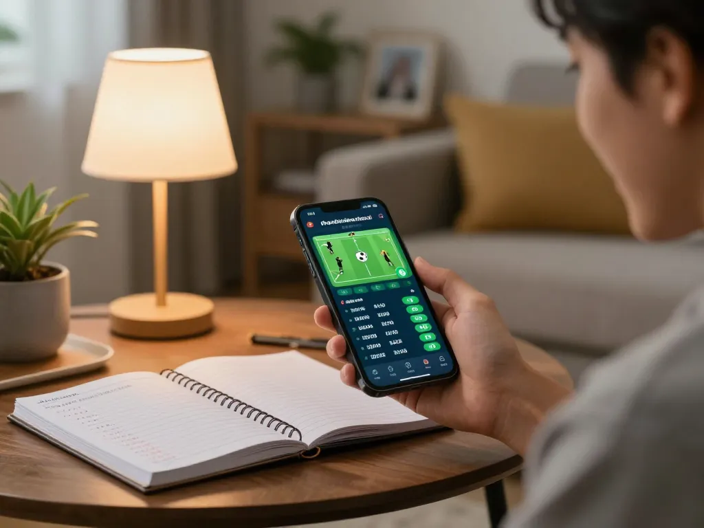 Person engaging with the nhandinhkeonhacai app for sports betting, analyzing odds in a cozy home setting.