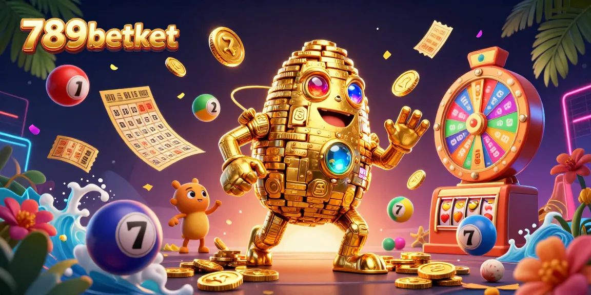 Engage with 789betket through a vibrant 3D illustration featuring a golden golem and dynamic lottery elements.