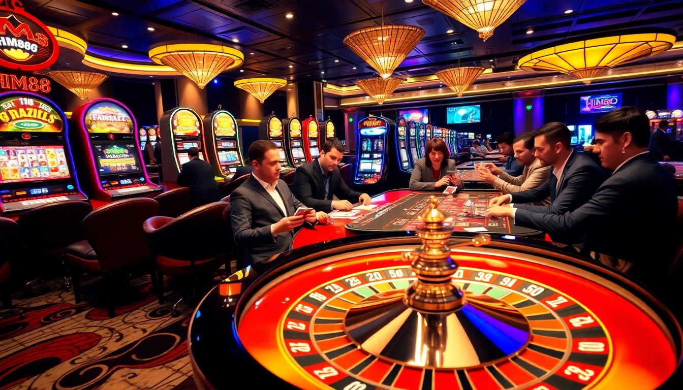 Experience thrilling casino action with HM88 at vibrant gaming tables and roulette wheels.