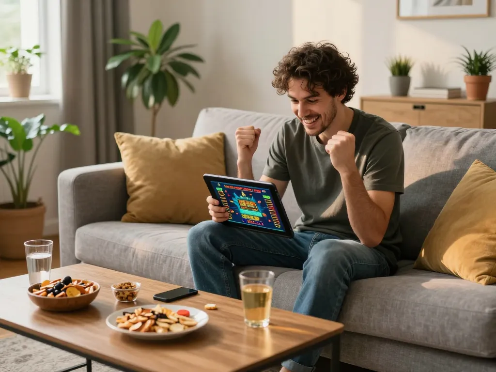Player enjoying online gambling on abc8go while relaxing at home in a cozy setting