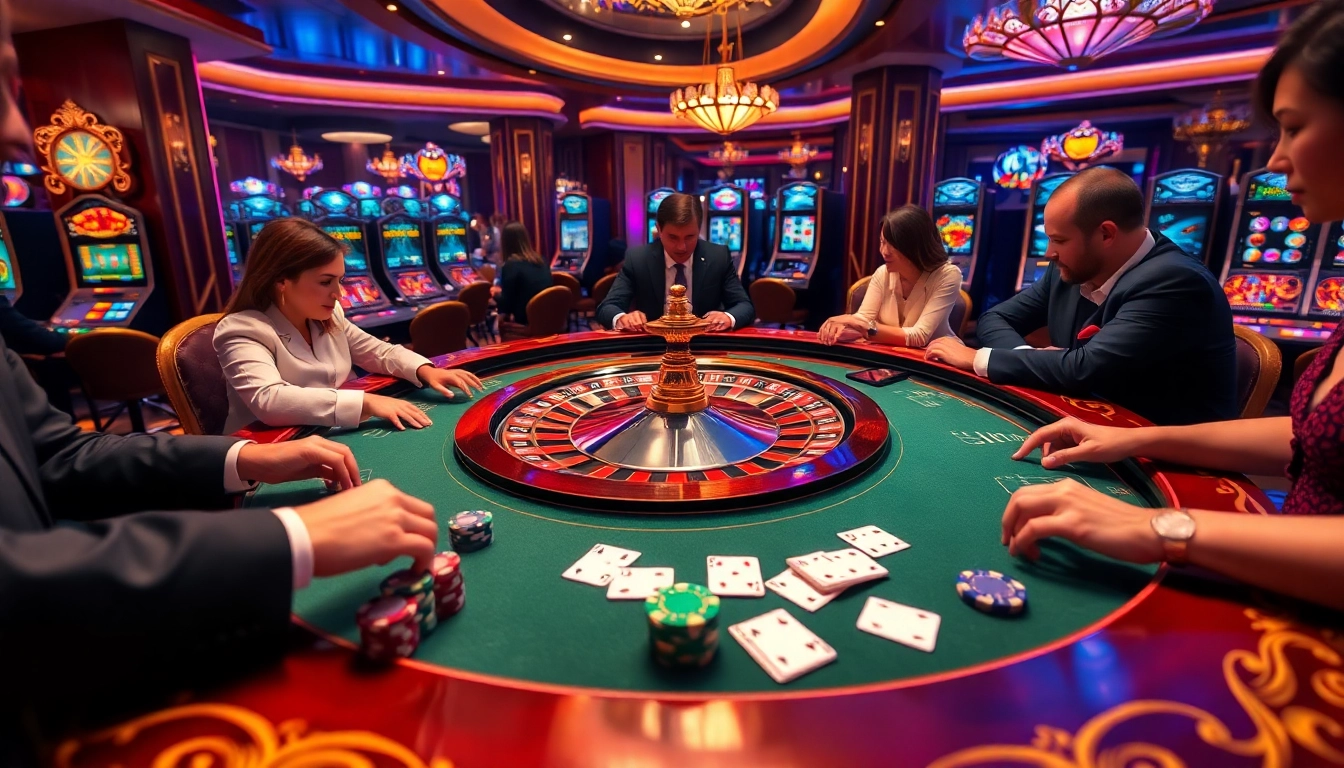 High-stakes roulette action at 789P casino with luxurious ambiance and vibrant slot machines.