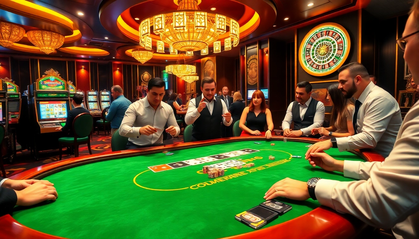Engage in thrilling poker at RR88, featuring vibrant casino tables, players, and exciting gameplay.