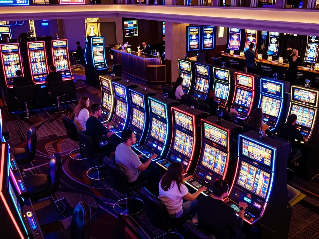 TIP88 players engaged with vibrant slot machines in an upscale casino atmosphere