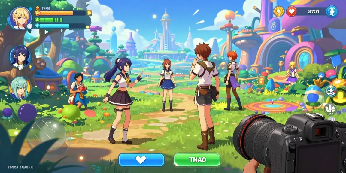Diverse characters in an animated fantasy landscape engaging in free ecchi games with vibrant colors.