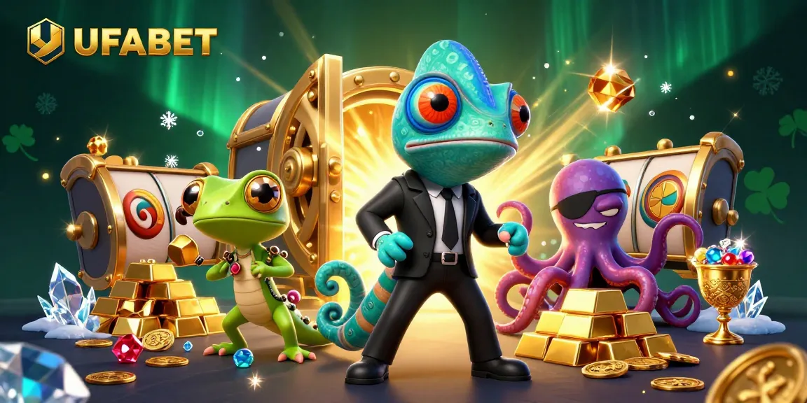 UFABET features a colorful Bond-style chameleon and gadgets in a vibrant casino setting.