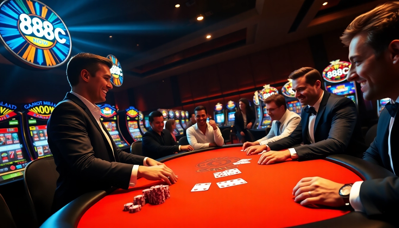 High-stakes poker game at a luxurious casino showcasing 888now brand excitement.