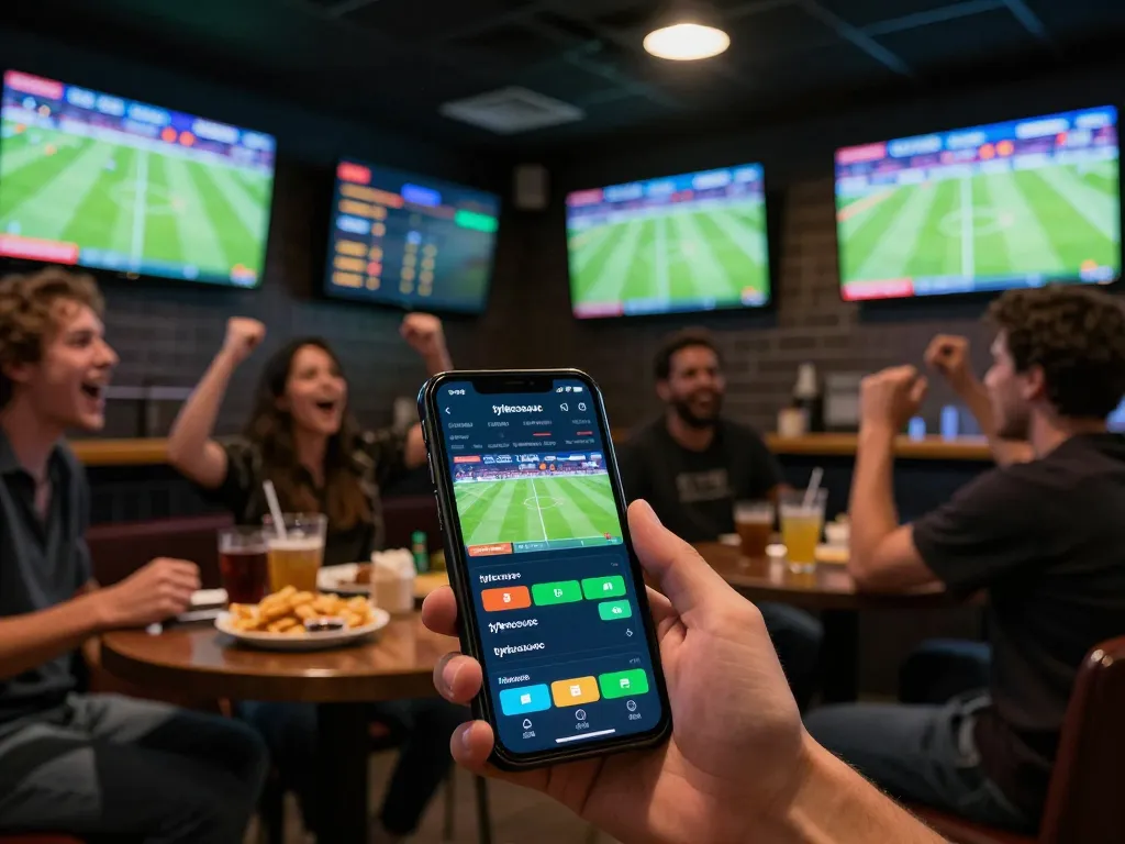 Person placing live sports bets on a smartphone using tylecacuoc, showing exciting match odds and community atmosphere.