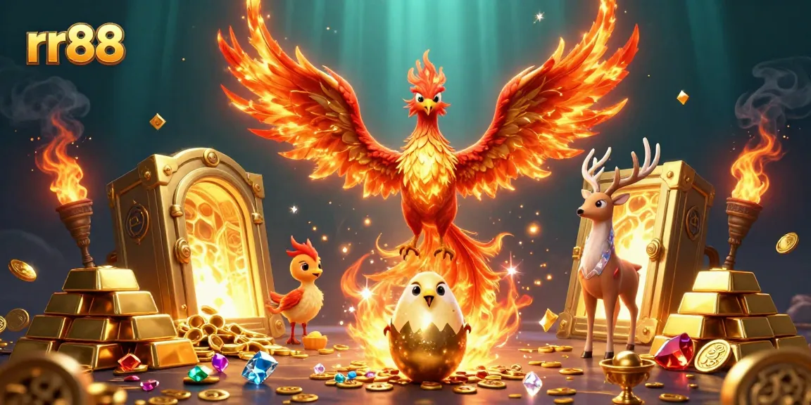 Witness the thrill of rr88 with a vibrant phoenix soaring among treasures and gaming delights.
