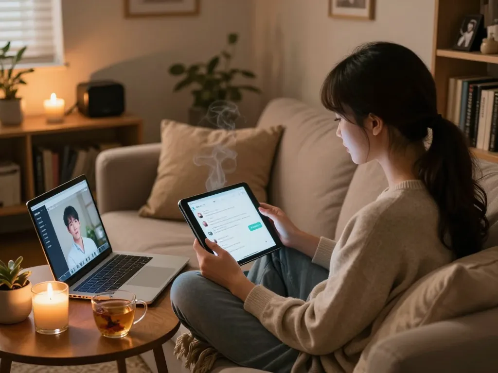 AI sex chat interaction in a cozy private setting with an engaging digital companion.