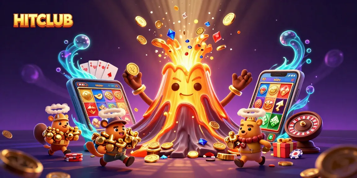 Engage in HITCLUB's thrilling casino experience with vibrant treasure-filled artwork.