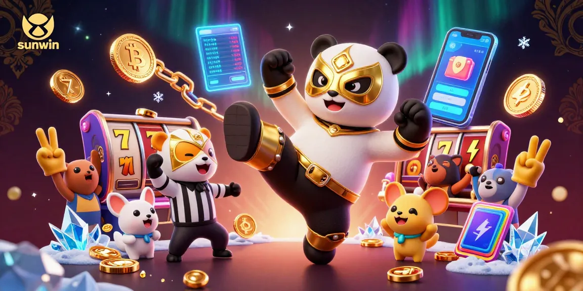 Experience intense gameplay excitement with sunwin as a panda wrestler kicks in a lively casino scene filled with vibrant games.