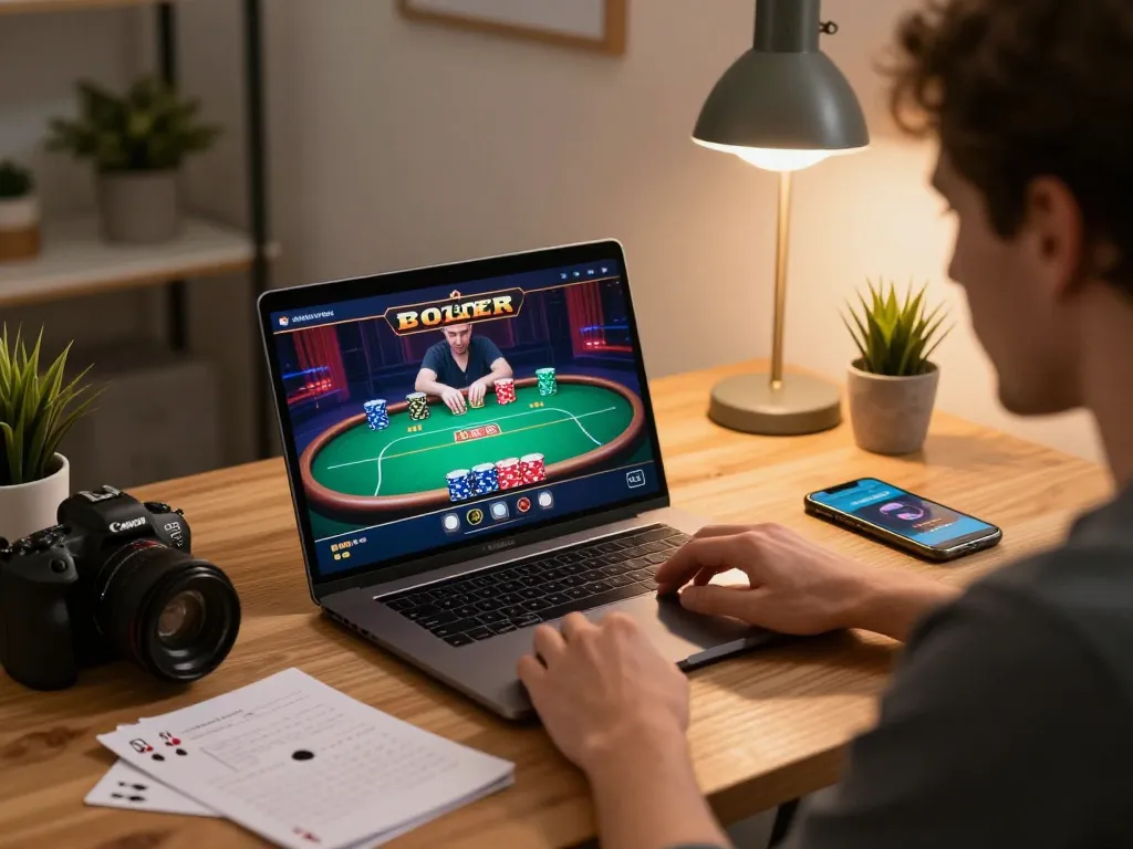 SKY88 player engaged in online poker with strategy notes and betting app in cozy home setup