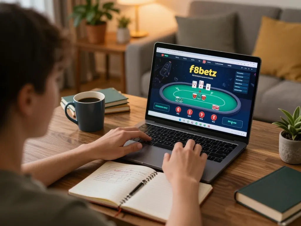 Engaging with f8betz on a laptop for online poker strategies in a cozy living room